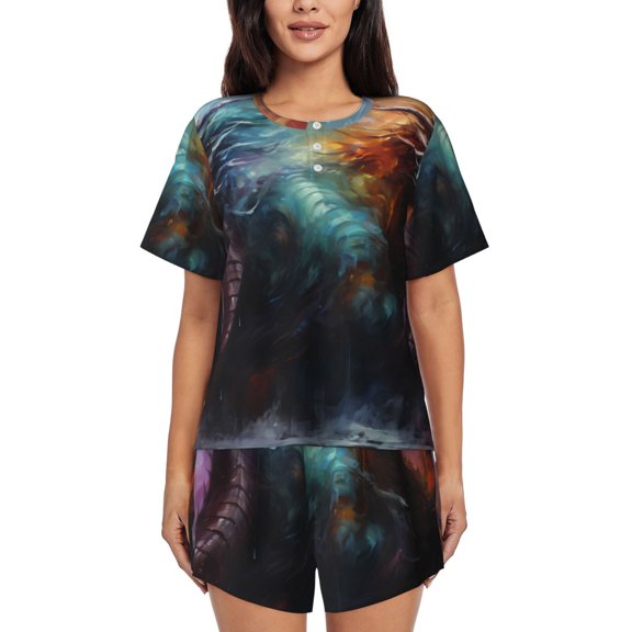 Vsdghe Colorful Ink Style Dragon Pattern Women's Pajama Set,Short Sleeve Sleepwear 2 Piece Pjs Lounge Sleepwear Sets-Large