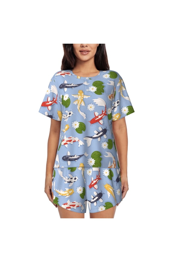Colorful Koi Fish Pattern Women's Pajama Set,Short Sleeve Sleepwear 2 Piece Pjs Lounge Sleepwear Sets-XX-Large