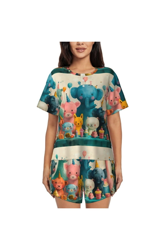 Cute Animal Party Pattern Women's Pajama Set,Short Sleeve Sleepwear 2 Piece Pjs Lounge Sleepwear Sets-Small