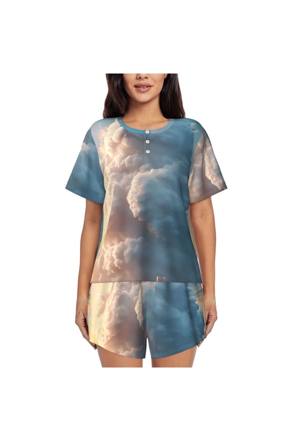 Cute Cloud Cat Pattern Women's Pajama Set,Short Sleeve Sleepwear 2 Piece Pjs Lounge Sleepwear Sets-Large