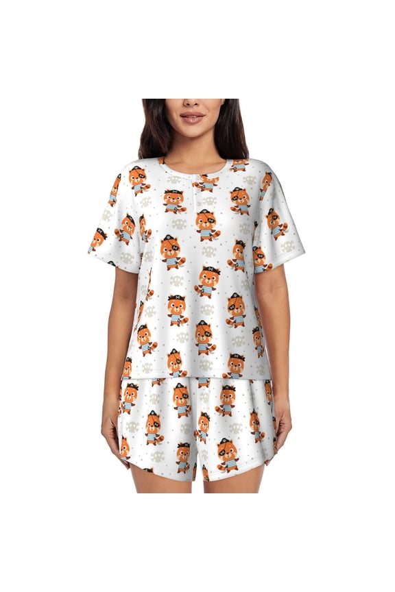 Cute Little Pirate Red Panda Pattern Women's Pajama Set,Short Sleeve Sleepwear 2 Piece Pjs Lounge Sleepwear Sets-4X-Large