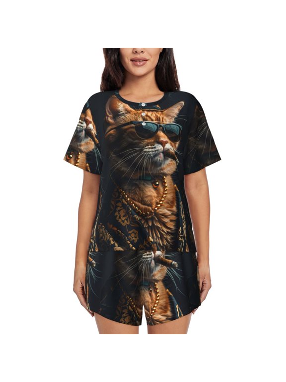 Dapper Cat in Sunglasses Pattern Women's Pajama Set,Short Sleeve Sleepwear 2 Piece Pjs Lounge Sleepwear Sets-X-Large
