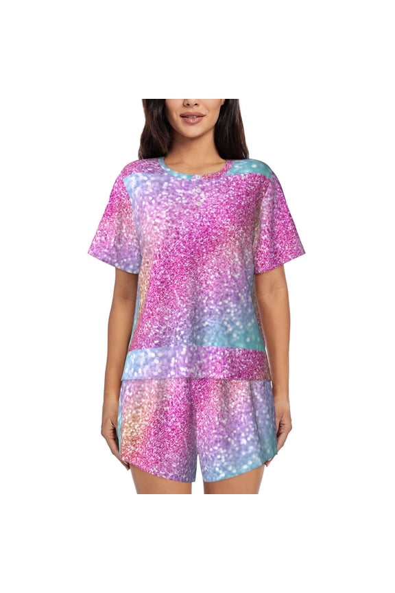 Fun Rainbow Pink Pattern Women's Pajama Set,Short Sleeve Sleepwear 2 Piece Pjs Lounge Sleepwear Sets-XX-Large