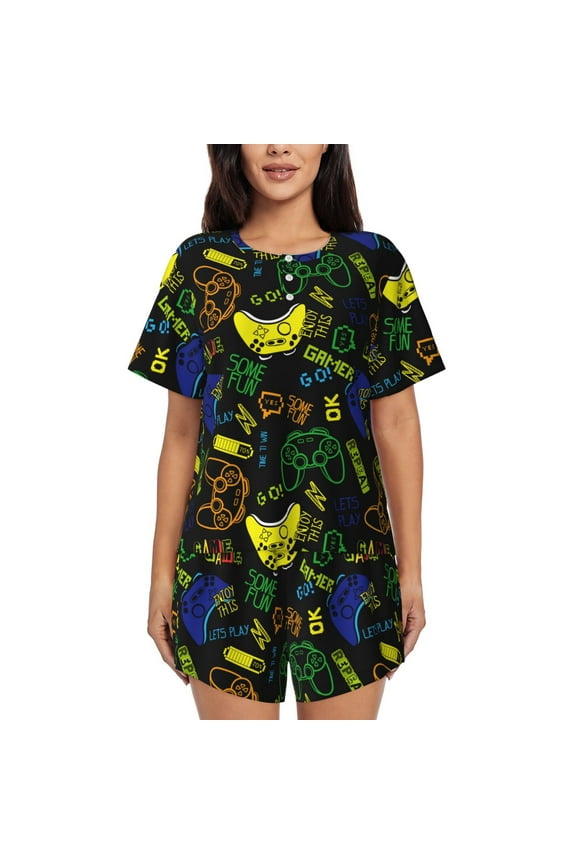 Game Play Pattern Women's Pajama Set,Short Sleeve Sleepwear 2 Piece Pjs Lounge Sleepwear Sets-Large