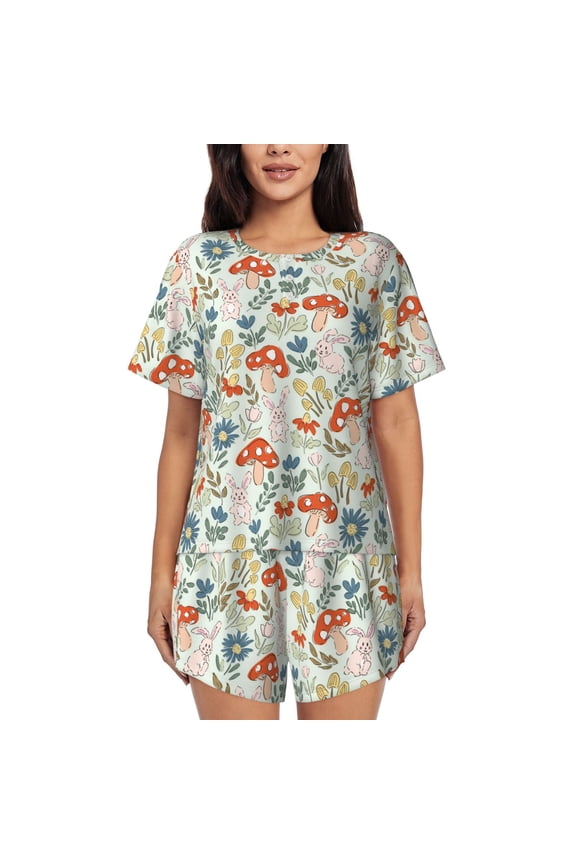 Garden Of Little Bunnies Pattern Women's Pajama Set,Short Sleeve Sleepwear 2 Piece Pjs Lounge Sleepwear Sets-Large