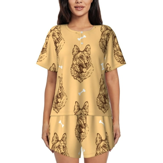 Vsdghe German Shepherd Dog Pattern Women's Pajama Set,Short Sleeve Sleepwear 2 Piece Pjs Lounge Sleepwear Sets-X-Large
