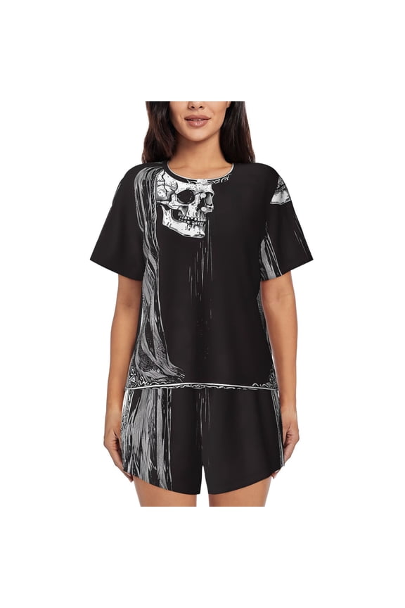 Gothic Skull Drape Pattern Women's Pajama Set,Short Sleeve Sleepwear 2 Piece Pjs Lounge Sleepwear Sets-Medium