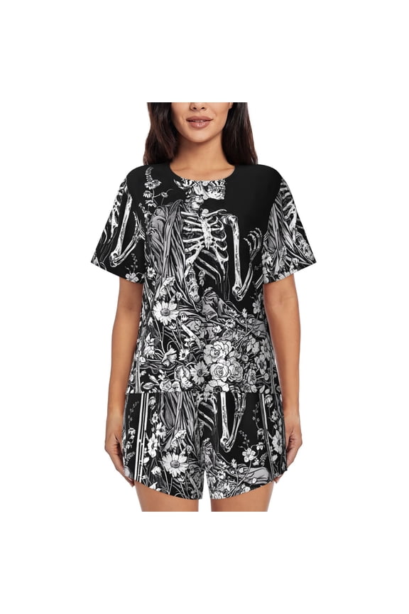 Gothic Skull Floral Art Pattern Women's Pajama Set,Short Sleeve Sleepwear 2 Piece Pjs Lounge Sleepwear Sets-Medium