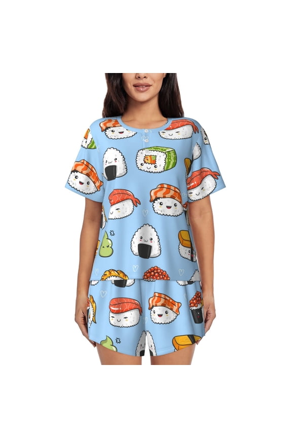 Kawaii Sushi Pattern Women's Pajama Set,Short Sleeve Sleepwear 2 Piece Pjs Lounge Sleepwear Sets-Medium
