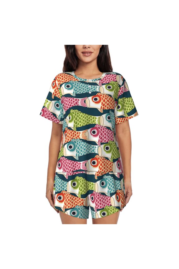 Lantern Koi Fish Pattern Women's Pajama Set,Short Sleeve Sleepwear 2 Piece Pjs Lounge Sleepwear Sets-Large