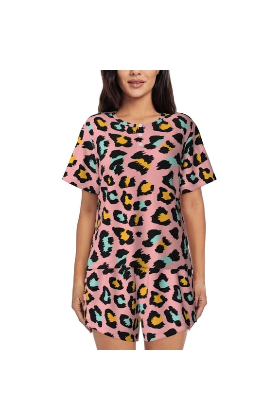 Leopard Pattern Women's Pajama Set,Short Sleeve Sleepwear 2 Piece Pjs Lounge Sleepwear Sets-Medium