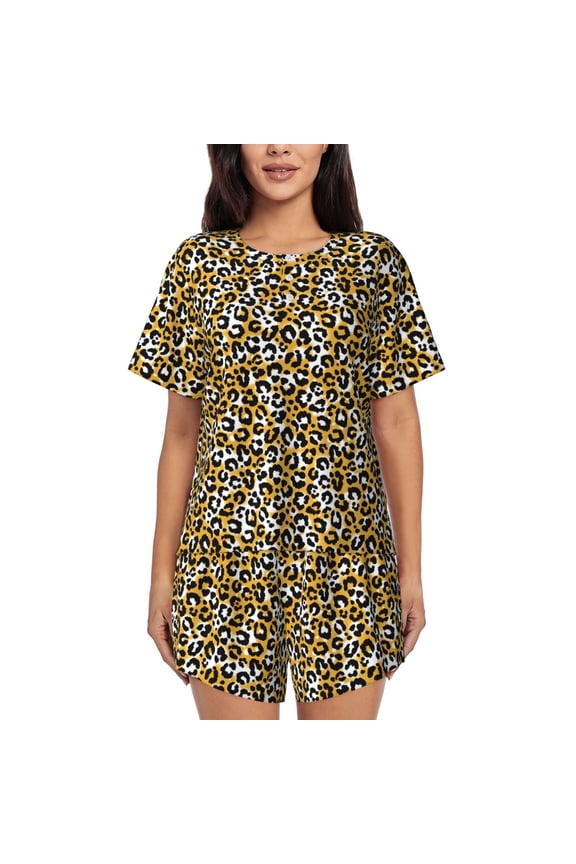 Leopard Pattern Women's Pajama Set,Short Sleeve Sleepwear 2 Piece Pjs Lounge Sleepwear Sets-Medium