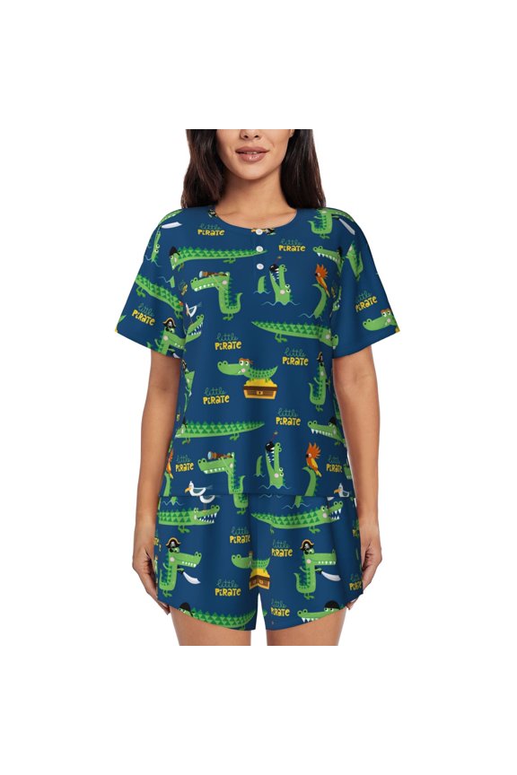 Little Pirate Crocodile Pattern Women's Pajama Set,Short Sleeve Sleepwear 2 Piece Pjs Lounge Sleepwear Sets-3X-Large