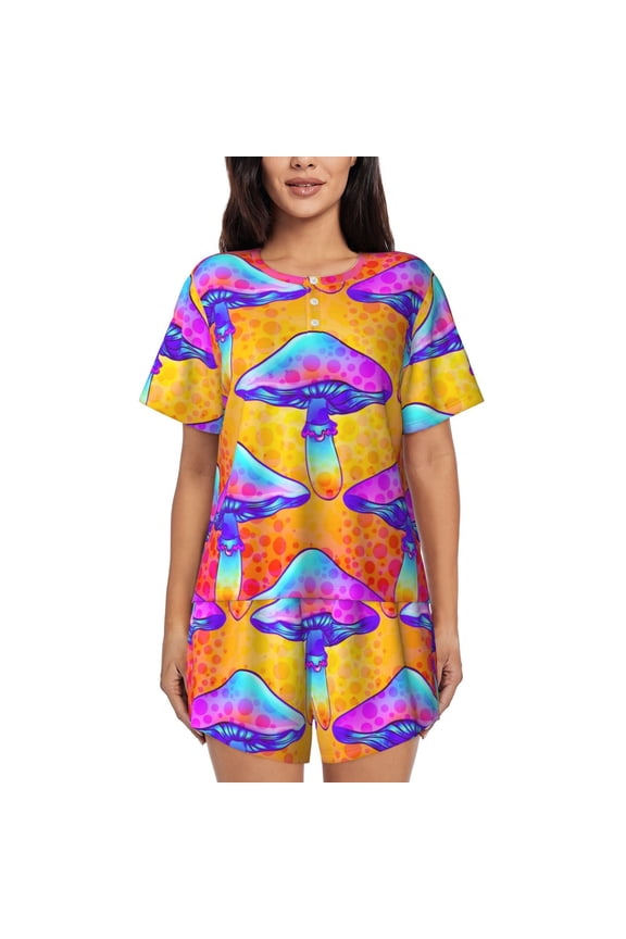 Magic Mushrooms Pattern Women's Pajama Set,Short Sleeve Sleepwear 2 Piece Pjs Lounge Sleepwear Sets-4X-Large