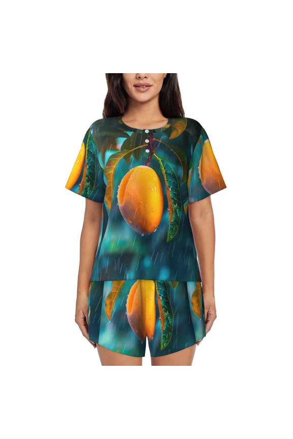 Mango In The Rain Pattern Women's Pajama Set,Short Sleeve Sleepwear 2 Piece Pjs Lounge Sleepwear Sets-Medium