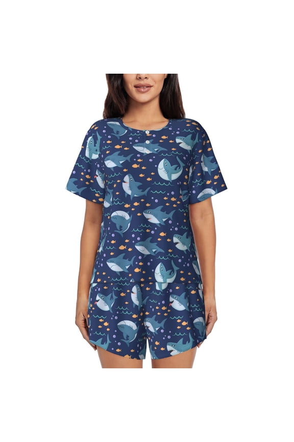 Party Shark Cut Pattern Women's Pajama Set,Short Sleeve Sleepwear 2 Piece Pjs Lounge Sleepwear Sets-Large