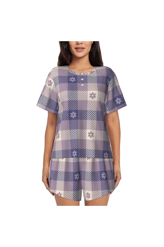 Purple Floral Gingham Check Plaid Pattern Women's Pajama Set,Short Sleeve Sleepwear 2 Piece Pjs Lounge Sleepwear Sets-Medium