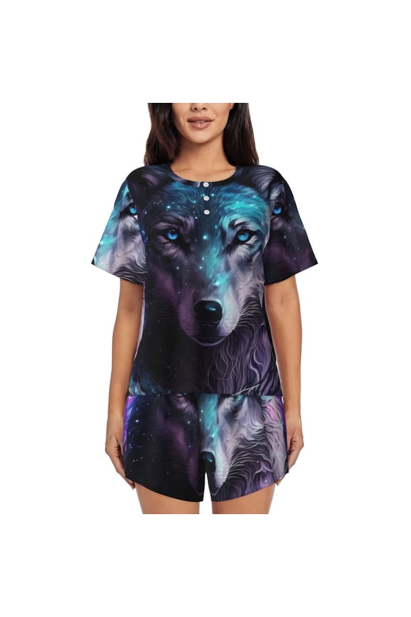 Purple Sky Wolf Pattern Women's Pajama Set,Short Sleeve Sleepwear 2 Piece Pjs Lounge Sleepwear Sets-Large