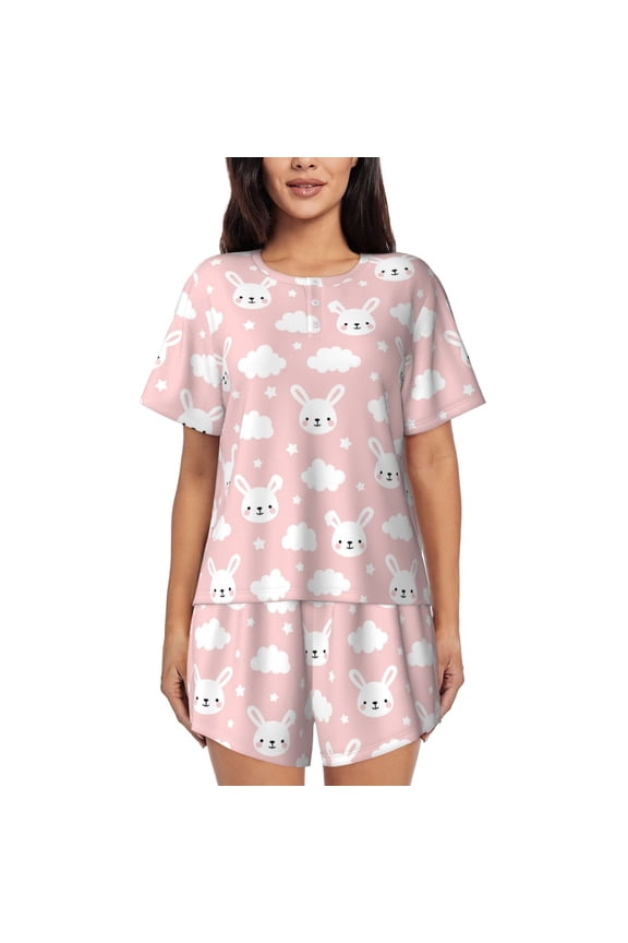Rabbit And Cloud Pattern Women's Pajama Set,Short Sleeve Sleepwear 2 Piece Pjs Lounge Sleepwear Sets-Medium