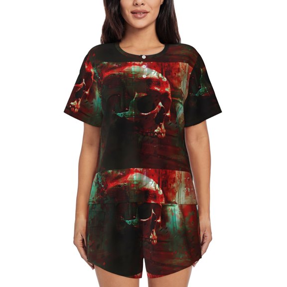 Vsdghe Red Dark Skull Abstract Pattern Women's Pajama Set,Short Sleeve Sleepwear 2 Piece Pjs Lounge Sleepwear Sets-4X-Large