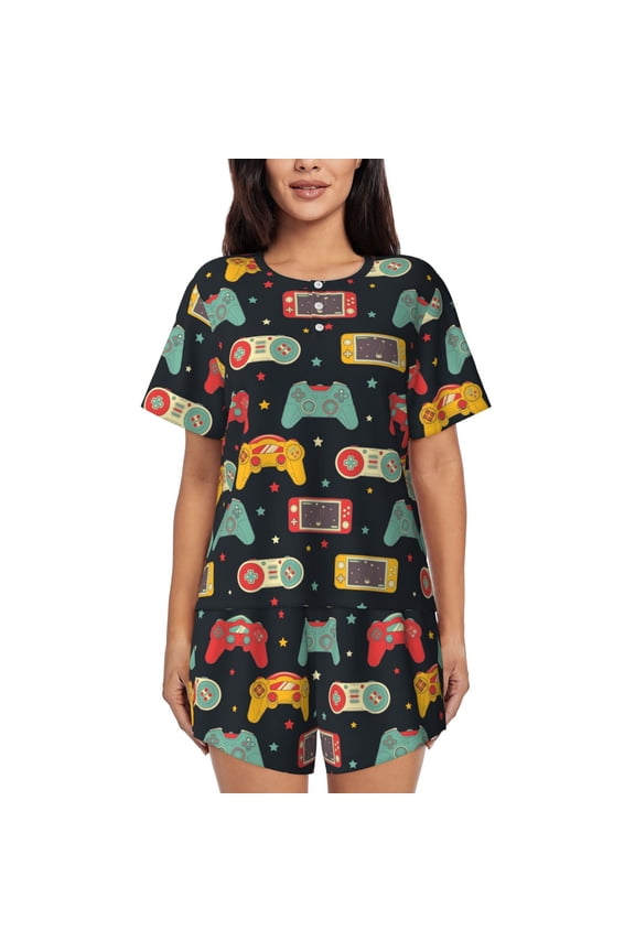 Retro Video Game Pattern Women's Pajama Set,Short Sleeve Sleepwear 2 Piece Pjs Lounge Sleepwear Sets-Large
