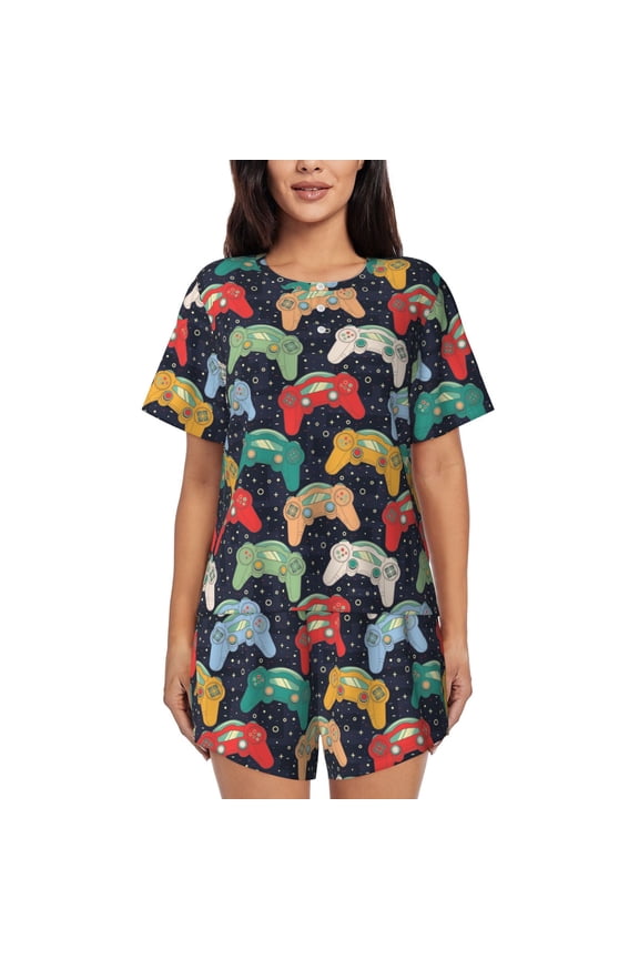 Retro Video Game Pattern Women's Pajama Set,Short Sleeve Sleepwear 2 Piece Pjs Lounge Sleepwear Sets-Medium
