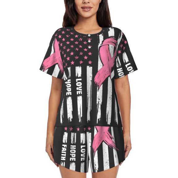 Vsdghe Ribbon Breast Cancer Awareness Pattern Women's Pajama Set,Short Sleeve Sleepwear 2 Piece Pjs Lounge Sleepwear Sets-Small