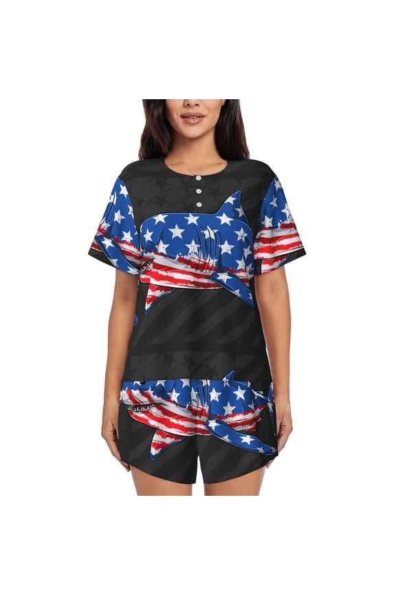 Shark With USA Flag Pattern Women's Pajama Set,Short Sleeve Sleepwear 2 Piece Pjs Lounge Sleepwear Sets-4X-Large