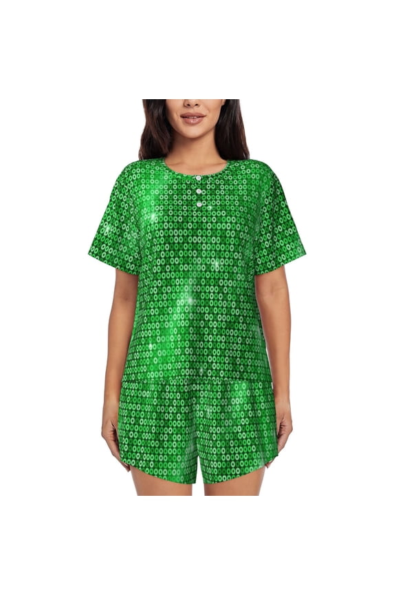 Shiny round green sequins Pattern Women's Pajama Set,Short Sleeve Sleepwear 2 Piece Pjs Lounge Sleepwear Sets-Large