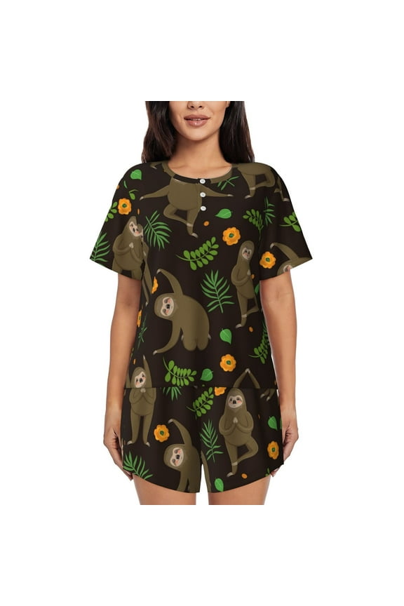 Sloth Doing Yoga Pattern Women's Pajama Set,Short Sleeve Sleepwear 2 Piece Pjs Lounge Sleepwear Sets-XX-Large