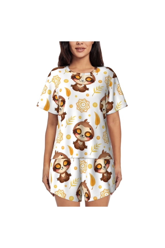 Sloth Yoga Pattern Women's Pajama Set,Short Sleeve Sleepwear 2 Piece Pjs Lounge Sleepwear Sets-Medium