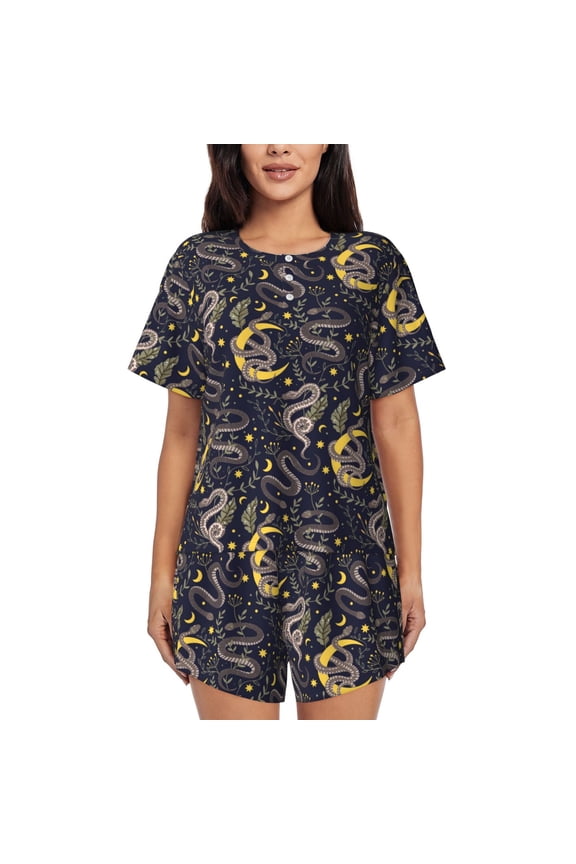 Snake Sleep Pattern Women's Pajama Set,Short Sleeve Sleepwear 2 Piece Pjs Lounge Sleepwear Sets-Large