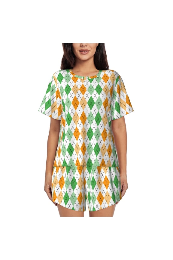 St. Patrick's day argyle Pattern Women's Pajama Set,Short Sleeve Sleepwear 2 Piece Pjs Lounge Sleepwear Sets-Large