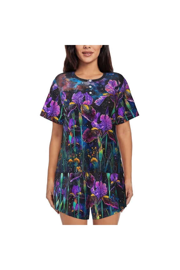 Starry Night Iris Field Pattern Women's Pajama Set,Short Sleeve Sleepwear 2 Piece Pjs Lounge Sleepwear Sets-X-Large