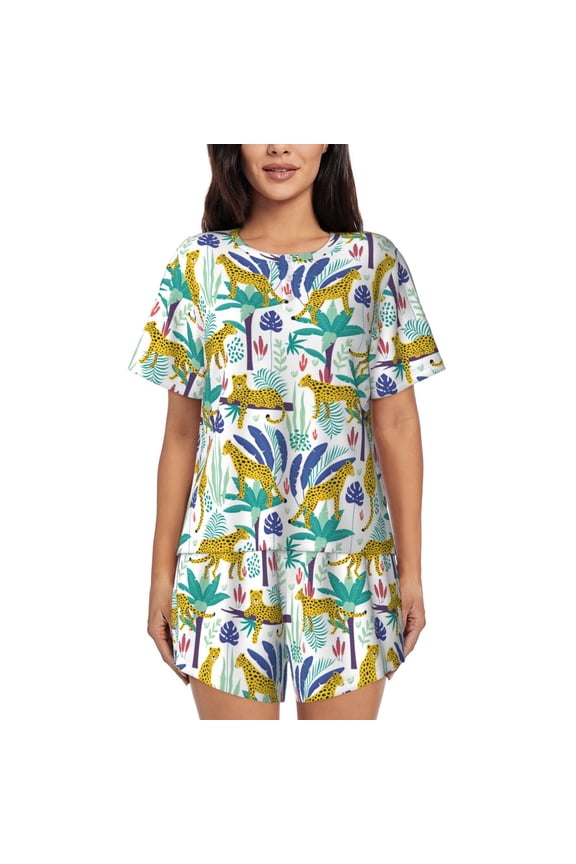 Summer Leopard Pattern Women's Pajama Set,Short Sleeve Sleepwear 2 Piece Pjs Lounge Sleepwear Sets-Small