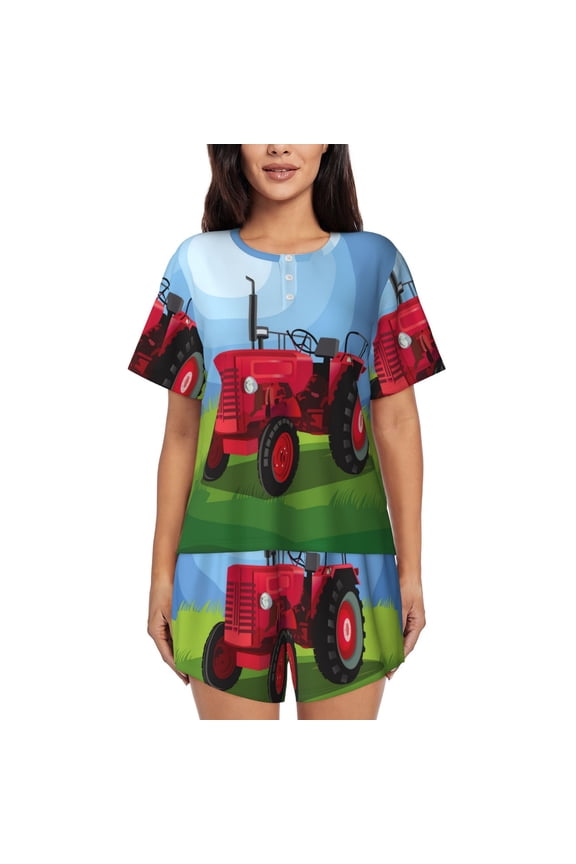 Tractor on farming land Pattern Women's Pajama Set,Short Sleeve Sleepwear 2 Piece Pjs Lounge Sleepwear Sets-3X-Large