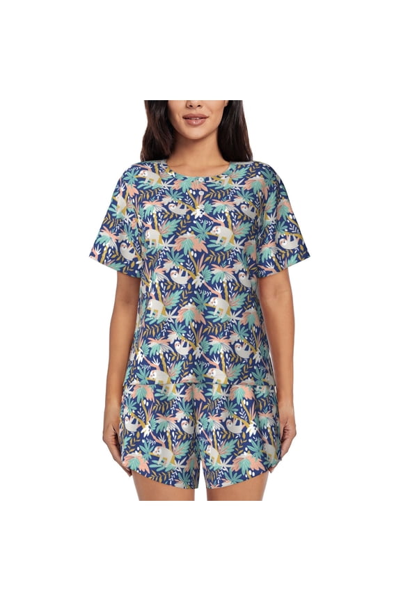 Tropical Sloth Pattern Women's Pajama Set,Short Sleeve Sleepwear 2 Piece Pjs Lounge Sleepwear Sets-XX-Large