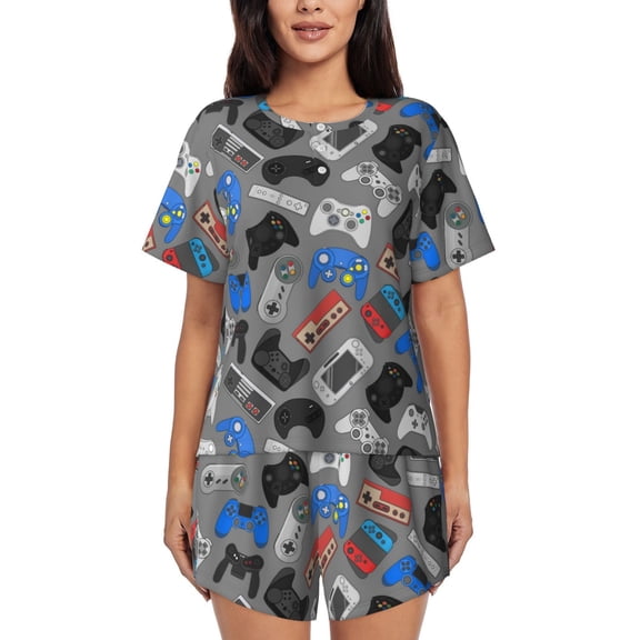 Vsdghe Video Game Pattern Women's Pajama Set,Short Sleeve Sleepwear 2 Piece Pjs Lounge Sleepwear Sets-Large