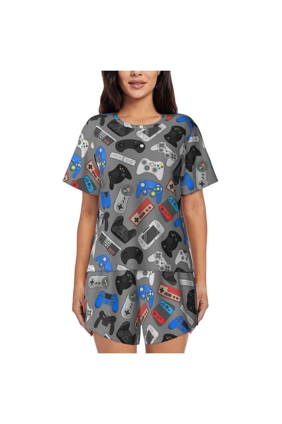 Video Game Pattern Women's Pajama Set,Short Sleeve Sleepwear 2 Piece Pjs Lounge Sleepwear Sets-Medium