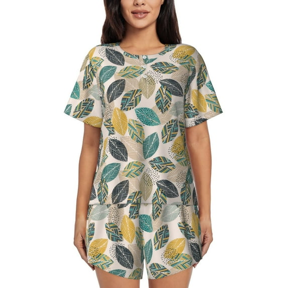 Vsdghe Vintage Leaves Pattern Women's Pajama Set,Short Sleeve Sleepwear 2 Piece Pjs Lounge Sleepwear Sets-3X-Large