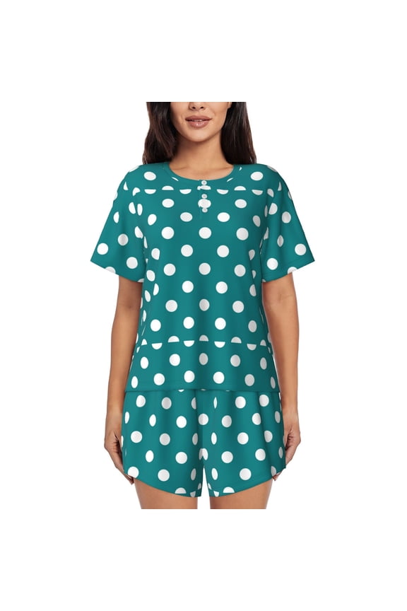 White Polka Dots With Teal Background Pattern Women's Pajama Set,Short Sleeve Sleepwear 2 Piece Pjs Lounge Sleepwear Sets-X-Large