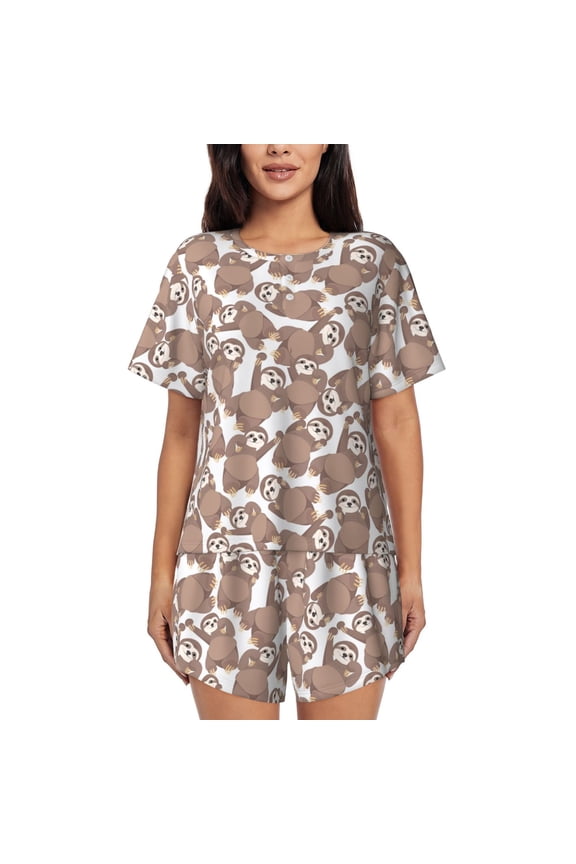 brown sloth family Pattern Women's Pajama Set,Short Sleeve Sleepwear 2 Piece Pjs Lounge Sleepwear Sets-4X-Large