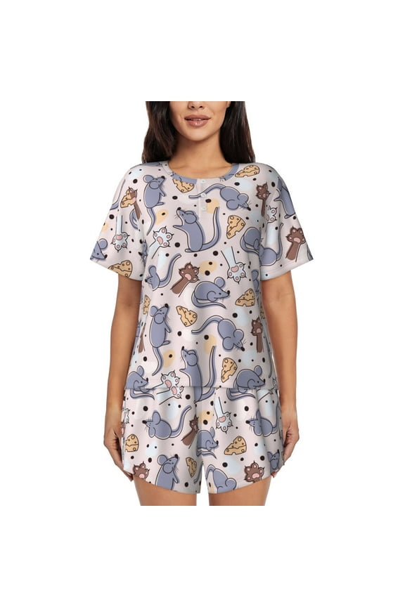 cartoon mouse Pattern Women's Pajama Set,Short Sleeve Sleepwear 2 Piece Pjs Lounge Sleepwear Sets-Large