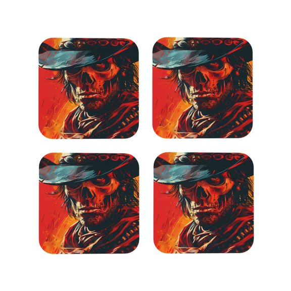 Vsdgher 60s Western Skull Cowboy Leather Coasters for Drinks, Durable Drink Coasters 4 Set for Tabletop Protection, Luxurious Home Décor and Housewarming Gift ( {designName})Square