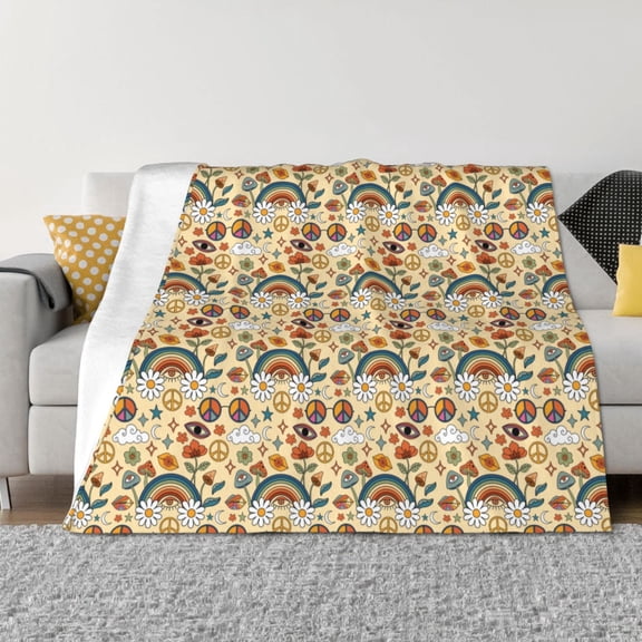 Vsdgher 70s Hippie Style Pattern Fleece Throw Blanket, Horizontal Fleece Bedding Home Decor for Couch & Bed All Season Use -80"x60"