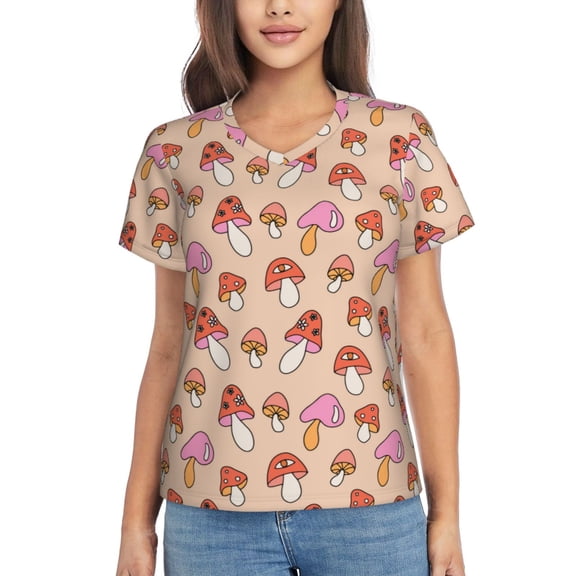 Vsdgher 70s Mushroom Women Shirts V Neck Short Sleeve Tops T-Shirt Basic Tees, S to 3XLSmall