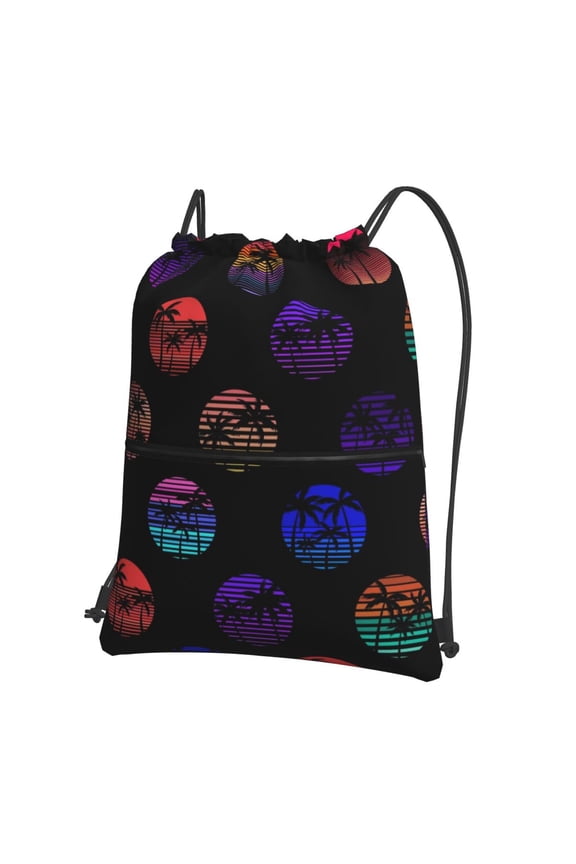 80s Style Palm Trees Drawstring Backpack Water Resistant String Bag Sports Sackpack Gym Sack for Men Women