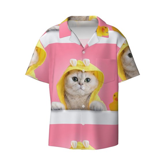 Vsdgher A Funny Cat Print Men's Wrinkle Free Untucked Cuban Shirt Business Casual Button Down Shirts Short Sleeve Shirt