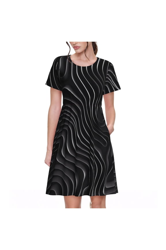 Abstract Black And White Waves for Womens Summer 2025 Casual Midi Maxi Dresses Lightweight Short Sleeve Round Neck Beach Dress -3X-Large