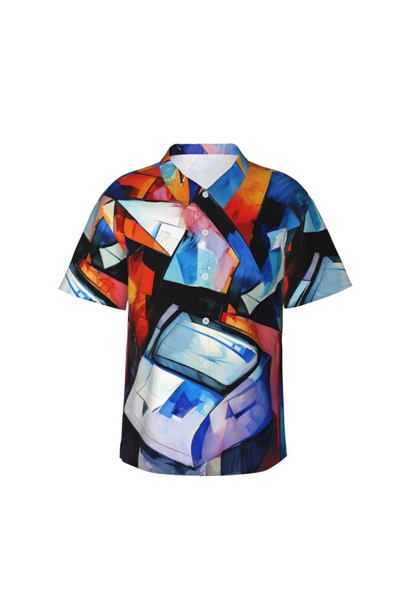 Abstract Cubist Printer Print Men's Hawaiian Shirts Button Down Tropical Holiday Beach Shirts Vacation Clothes,Small